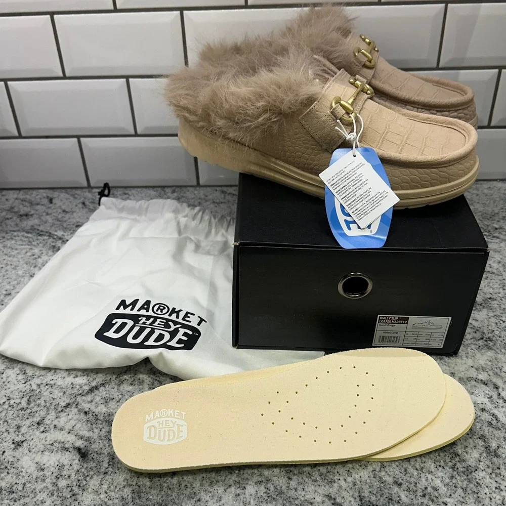 Hey Dude Mens 10 Wally Slip Loafer Market 2 Sand Beige Croc Faux Fur Horsebit